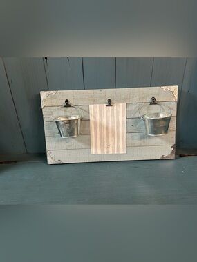 Rustic Wood Wall Organizer with Galvanized Buckets - Blue/Silver